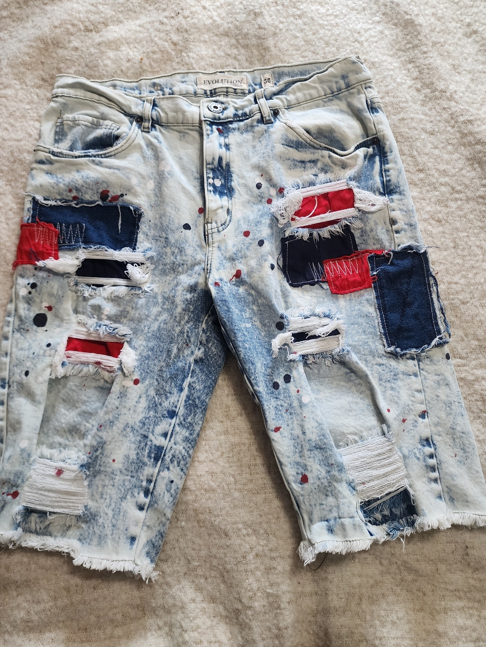 Evolution Light Wash Distressed Men’s Denim Shorts with Red & Navy Patches Paint